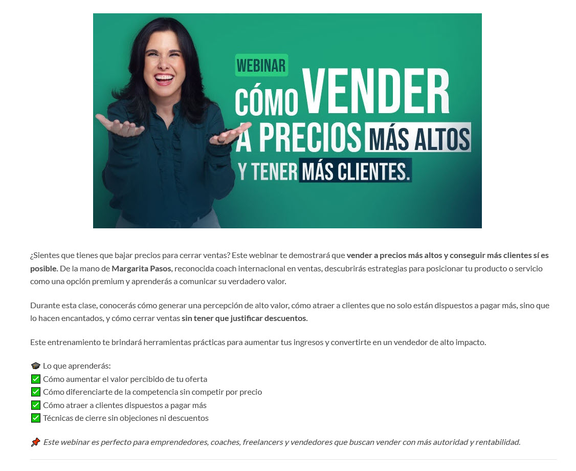 Webinar Cómo Vender a precios más altos y tener más clientes - Margarita Pasos