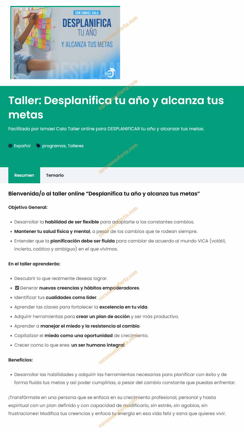 Taller Desplanifica tu año y alcanza tus metas - cala academy