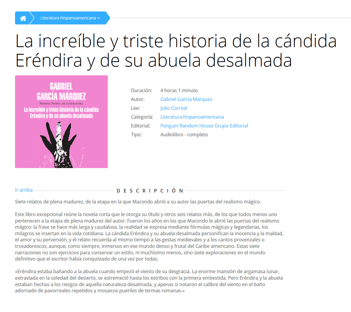 La increíble y triste historia de la cándida Eréndira y de su abuela desalmada