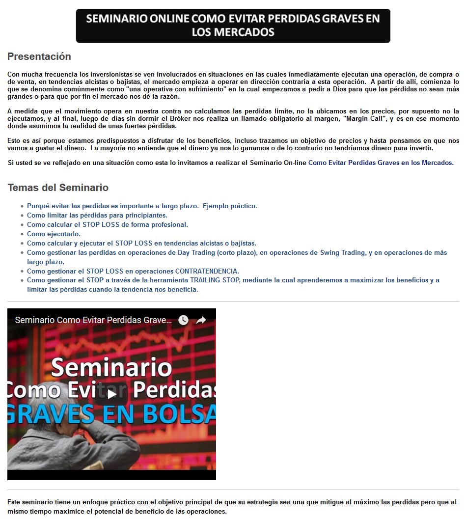 Seminario online cómo evitar pérdidas graves en los mercados