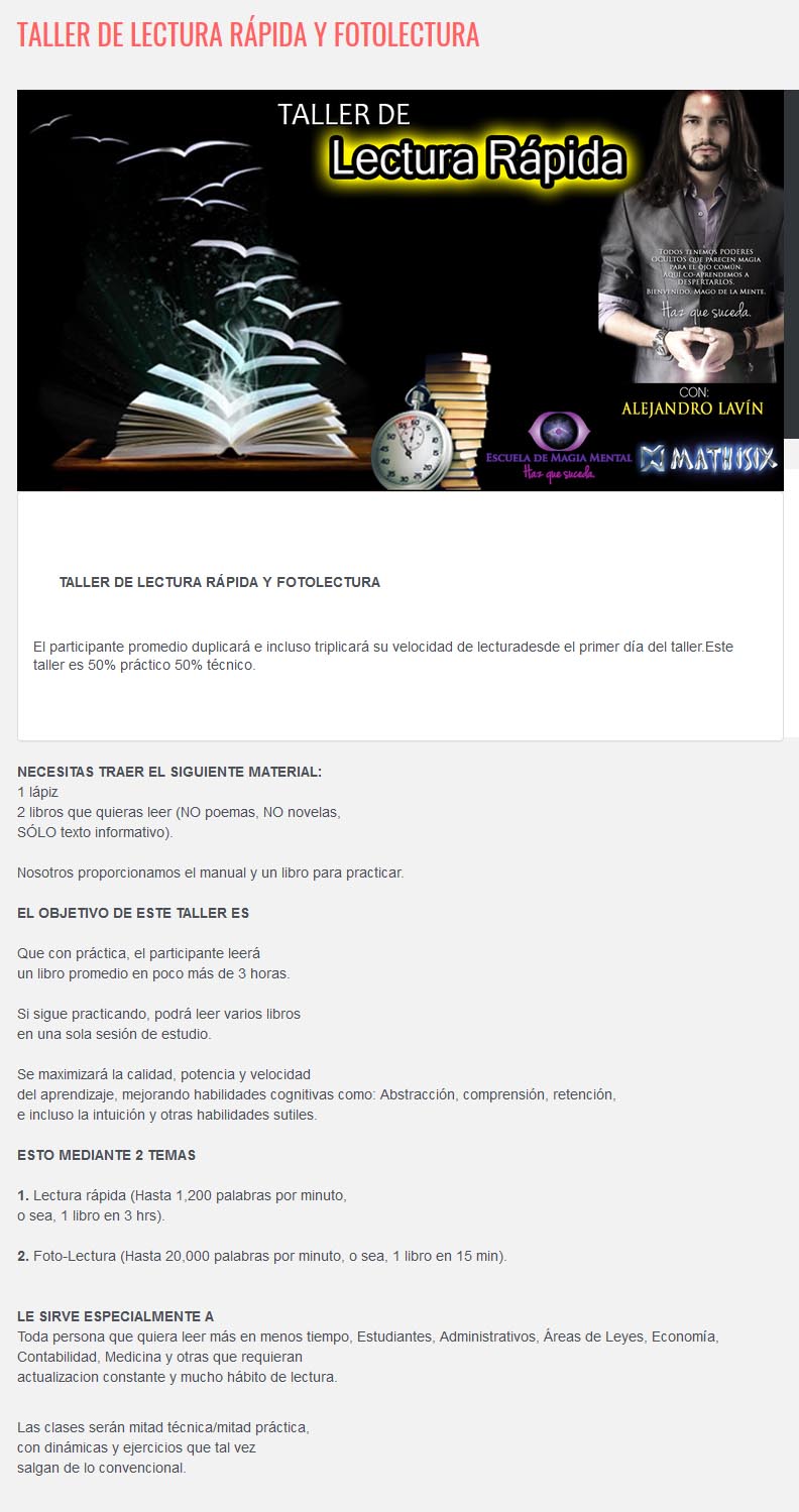 Taller de Lectura Rápida y Fotolectura - alejandro lavin